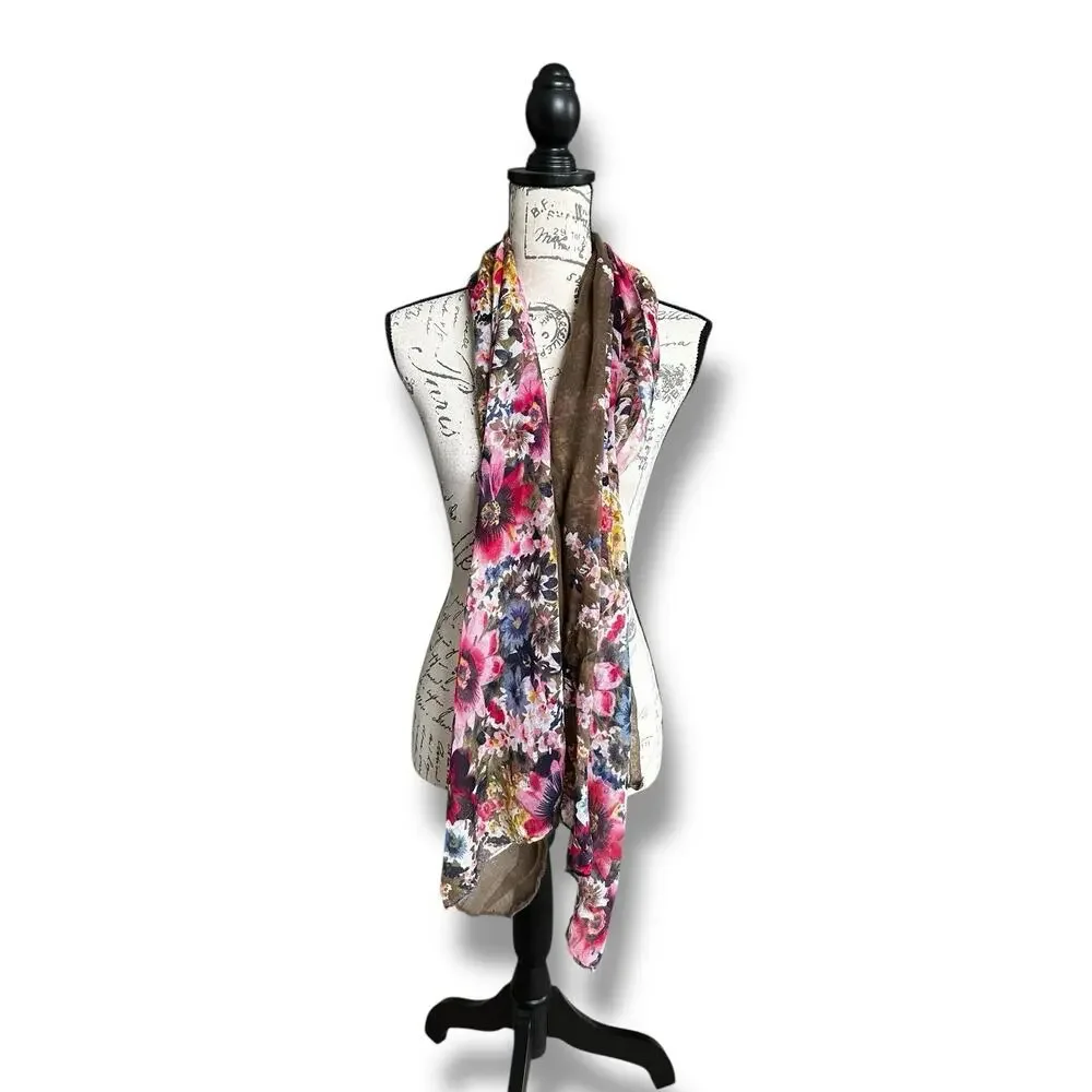 Floral Viscose Scarf Wrap Brown Pink Blue Yellow Flowers